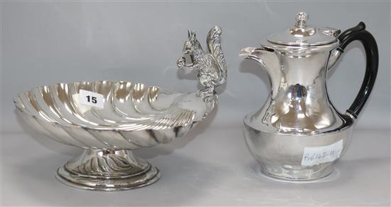 A silver plated squirrel sweet dish and a coffee pot dish diameter 23cm